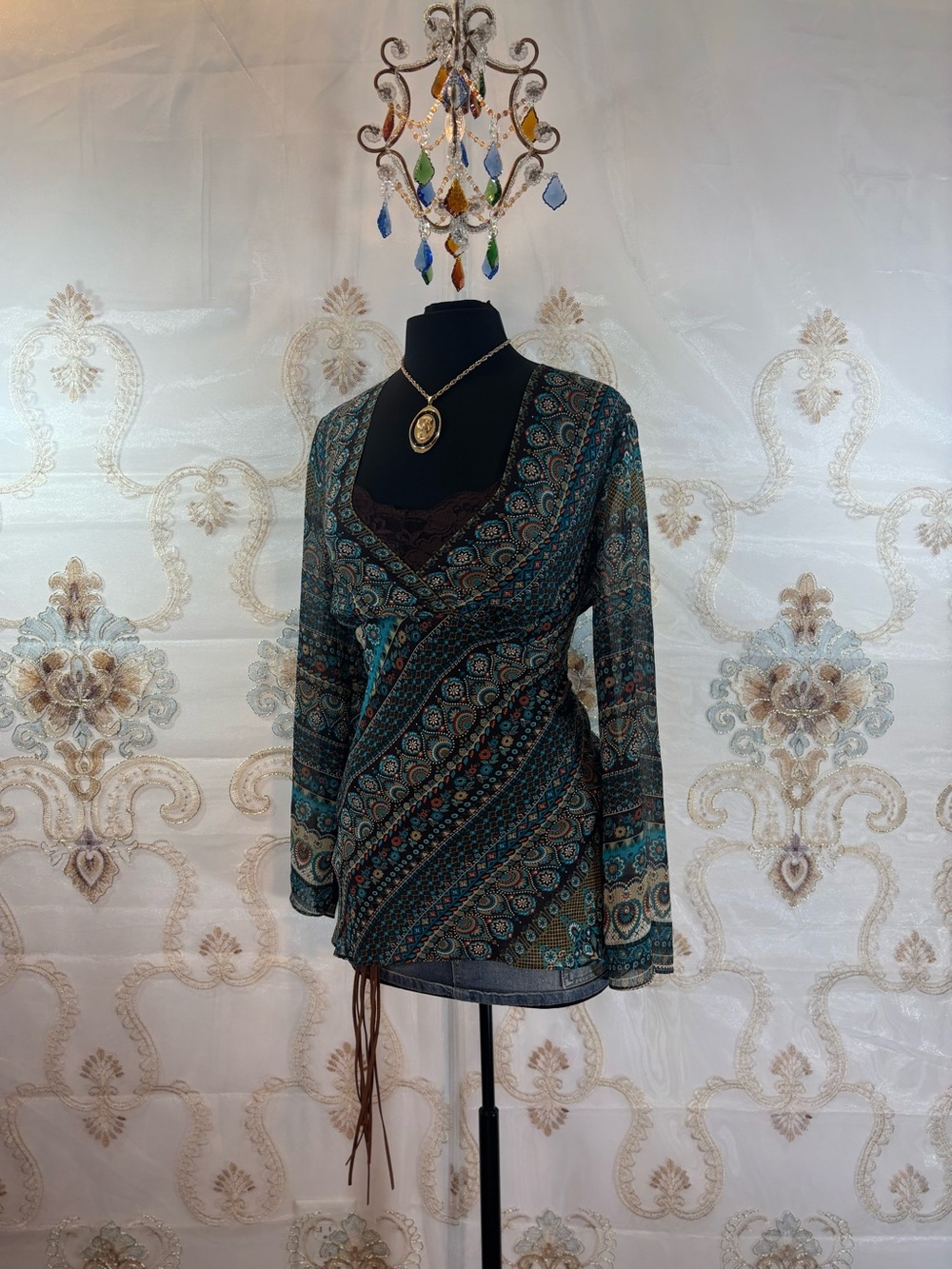✨Vintage Y2K Boho Bell Sleeve Earthtone Empire Waist Sheer Blouse✨